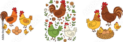 Farm chicken family vector set with rooster hen chicks eggs and nest cute rural animals collection for agriculture design and countryside illustration