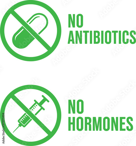 No Antibiotics and No Hormones Labels Set Green Prohibition Medical Symbols Vector Illustration