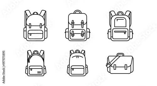 Collection of various backpacks and bags in simple line art style for design.