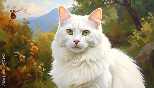 A white cat with green eyes in a natural outdoor setting