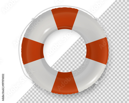 White orange lifebuoy icon mockup. Vector 3D plastic inflatable life ring isolated on transparent background. Realistic render for branding or product presentation. Air rubber floating accessory icon