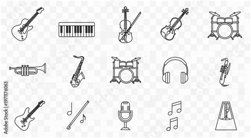 Collection of musical instruments and audio equipment in a line art style.
