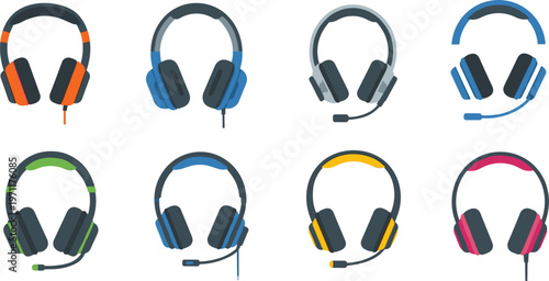 Headphones vector set with different styles gaming headset audio devices collection for music technology design isolated on white background