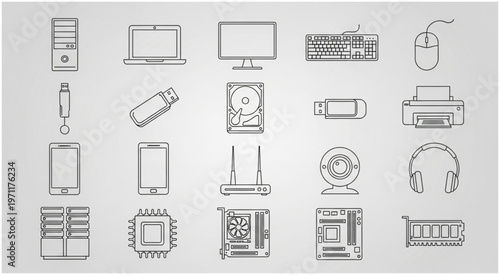 Collection of computer hardware icons representing various technological components and devices.