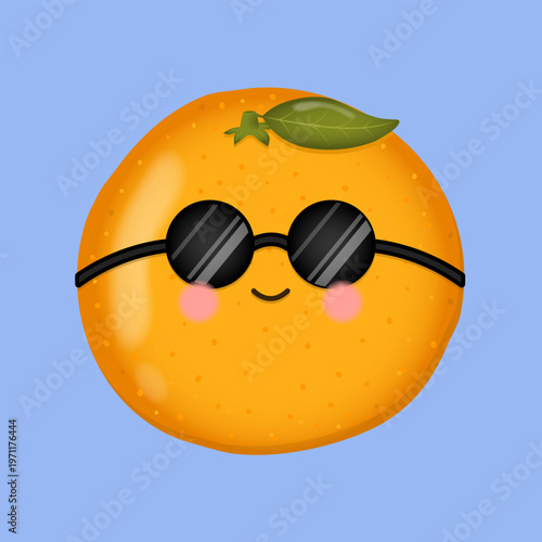 Cute mandarin orange character wearing sunglasses kawaii citrus cool emotion face icon
