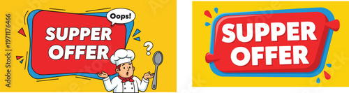 Supper offer promotional banner set featuring a cartoon chef character with a spoon on a vibrant yellow and red background.