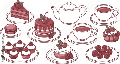 Assortment of sweet desserts and tea set in pink tones