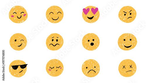 Smiling face crayon chalk emotions. Happy angry avatar sketches. Childlike charcoal set stickers, smile expression emoji face doodle.