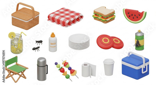 A colorful vector illustration of various picnic items and food on a white background