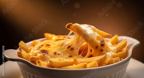 Delicious baked mac and cheese pasta dish with melted cheesy golden brown crispy topping served hot in ceramic bowl on table