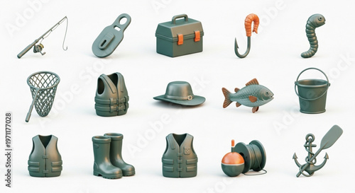 A collection of green fishing gear and accessories on a white background