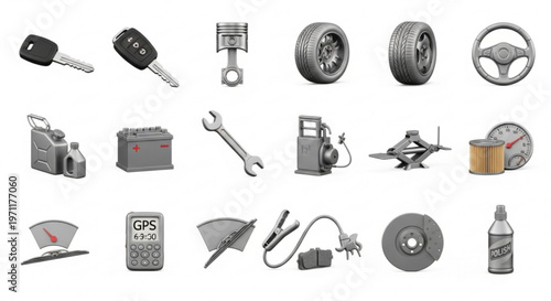 A collection of various car parts and tools in a vector graphic illustration