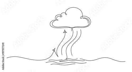 Rainfall occurs over the ocean causing waves in a simple line drawing style