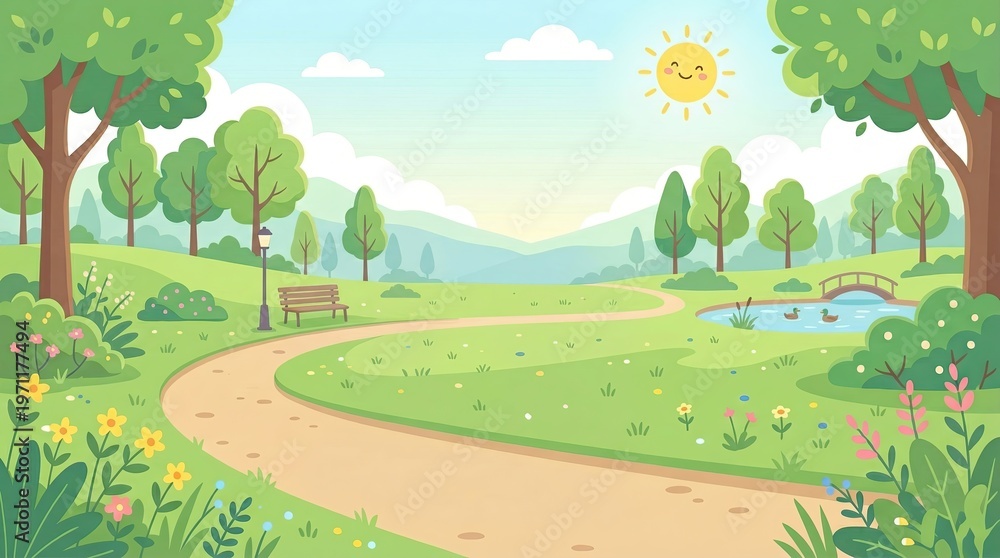 Fototapeta premium Sunny public park landscape illustration with winding path, green trees, garden flowers, wooden bench and small pond with ducks, cute cartoon outdoor background for kids.