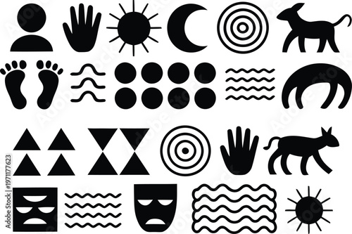 Black silhouette of people hands sun moon animals and abstract shapes