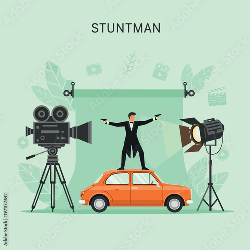 Movie Stuntman Performing Action Scene on Car with Film Camera and Studio Lighting Vector Illustration