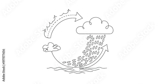 The water cycle process shows rain falling from clouds to ocean.