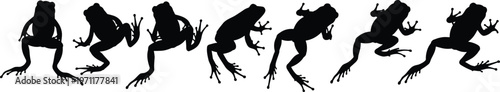 frog silhouette sequence jumping motion animation wildlife amphibian isolated black cutout, dynamic movement stages illustration set white background collection clipart
