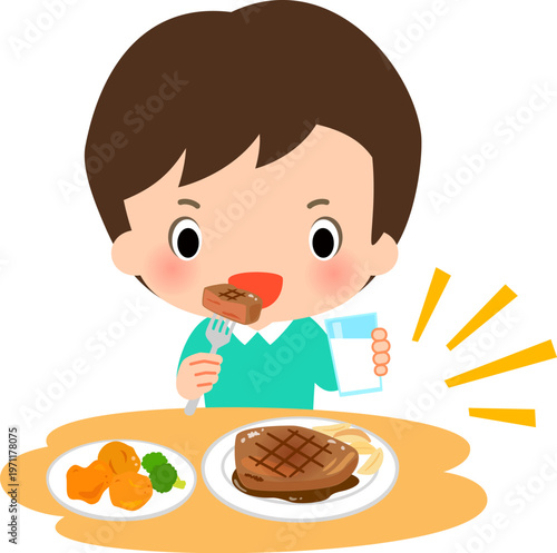 肉を食べ牛乳を飲むティーンエージャーの男の子
