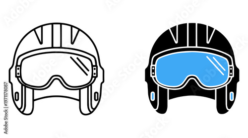 Safety icons set featuring outlines and solid fill illustrations of protective hard hats and safety goggles for industrial work