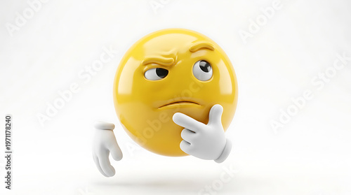 3D yellow thinking emoji character with a thoughtful expression, hand on chin, pondering on a white background