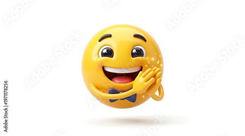 Smiling 3D emoji clapping hands with a blue bow tie, isolated on white