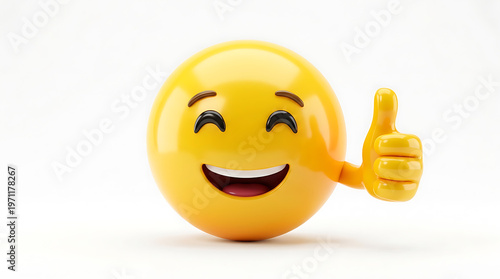 Smiling yellow 3D emoji giving thumbs up, symbolizing approval, happiness, and positivity.
