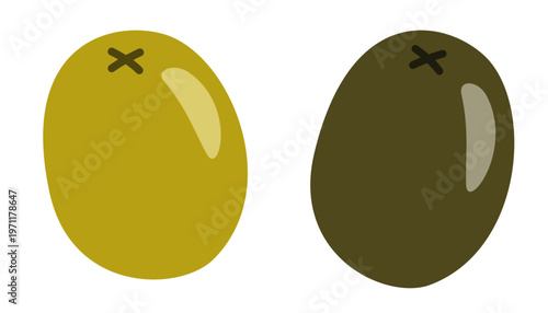 Olive vector set with green and black olives. Hand-drawn doodle illustration for kitchen textiles, food packaging or menu design. Naive childish style, modern, minimalist and stylish.