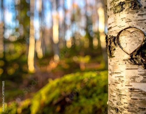 Heart Carved in Birch Tree Bark in Forest.