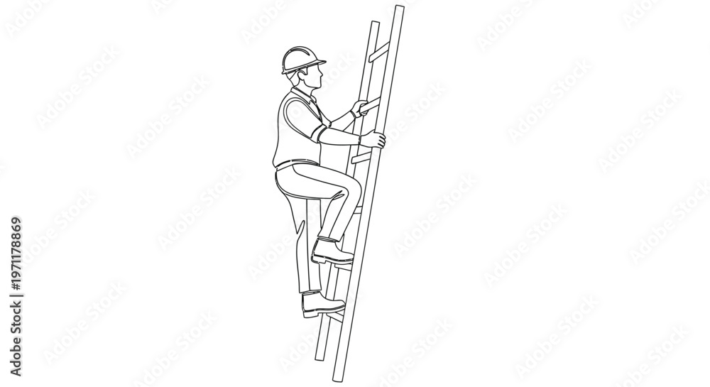 Obraz premium A worker climbing a ladder to install panels on a building facade.
