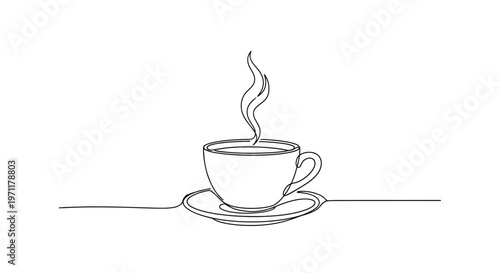 A steaming cup of coffee sits on a saucer on a table indoors.