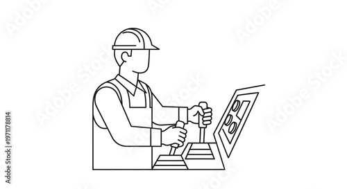 A worker operates heavy machinery with a computer screen.