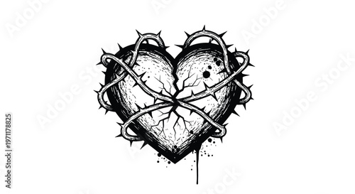 A broken heart pierced by barbed wire and thorns in a melancholic illustration