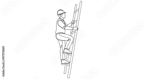 A worker climbing a ladder to install panels on a building facade.