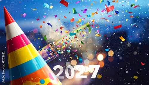   
Colorful party popper releasing confetti in front of large white numbers “2027” against vibrant blue background, festive atmosphere symbolizing New Year celebration, joy, and welcoming the future.