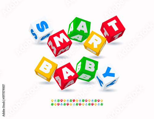 Vector Playful emblem Smart Baby. Colorful Kids Font. Bright Creative 3D Cube Alphabet Letters and Numbers set.