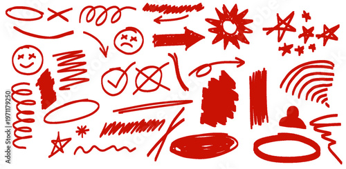 Set of red hand-drawn scribbles, doodles, and check marks, highlighting key points and errors, perfect for annotations and editing