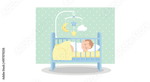 A baby lies peacefully in a blue crib with toys hanging above.