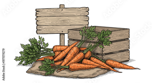 Fresh carrots on a wooden crate.