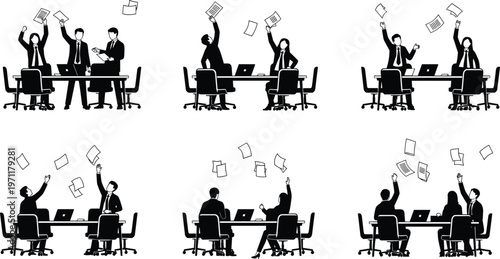 Business people silhouette teamwork success, office meeting celebration, throwing papers, corporate team, collaboration, workplace achievement, vector illustration, professional group, productivity