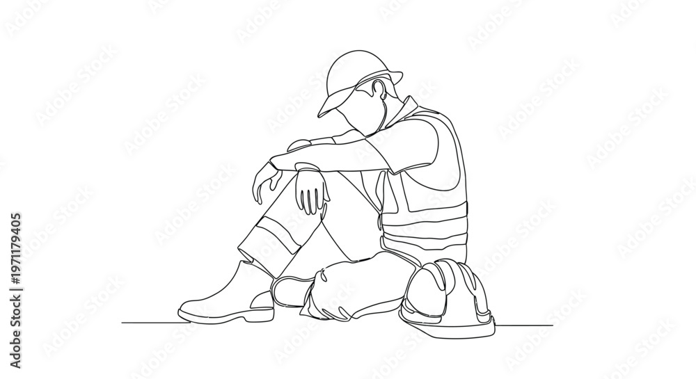 Obraz premium A construction worker sits on the ground, resting and looking sad.
