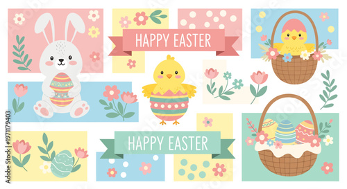 Colorful Easter decorations with bunnies and eggs.