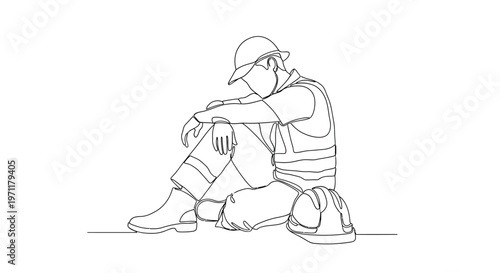 A construction worker sits on the ground, resting and looking sad.