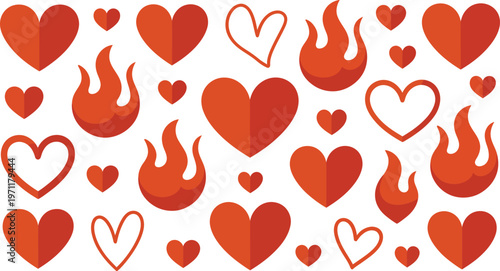 Warm red heart and flame pattern with subtle shading on white