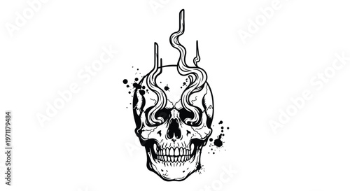 An artistic black and white illustration of a skull with smoky tendrils rising from its eye sockets, symbolizing mystery and the ephemeral nature of life