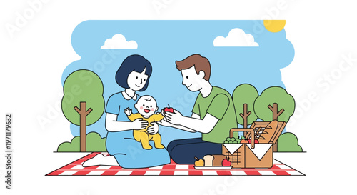 Happy family enjoying a sunny picnic in the park with their baby, surrounded by nature and a basket of goodies