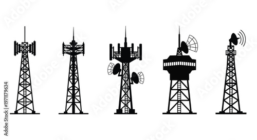 Silhouette collection of diverse telecommunication towers with antennas and dishes against a white background, representing global connectivity and broadcasting infrastructure