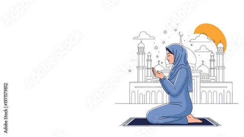 Devout Muslim woman wearing a blue hijab kneeling and praying on a rug with a mosque and crescent moon in the background.