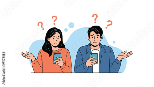 Confused young man and woman looking at their smartphones with puzzled expressions and floating question mark symbols.