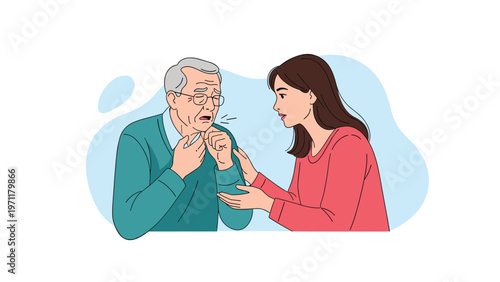Compassionate young woman comforting and supporting an elderly man who is coughing and feeling unwell due to illness.